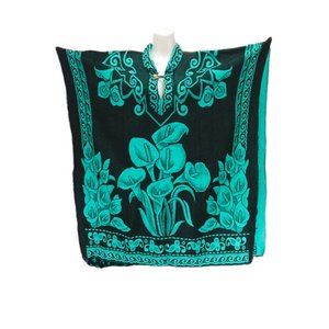 Mexican Women's Jorongo with Tulip Design | Acrylic Boho Poncho | Aqua Blue
